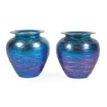 Pair of Durand Threaded Blue Glass Vases , early 20th c., h. 6 1/8 in., dia. 5 1/2 in