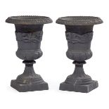 Pair of American Cast Iron Campagna-Form Garden Urns , square plinth base, h. 16 3/4 in., dia. 11 in