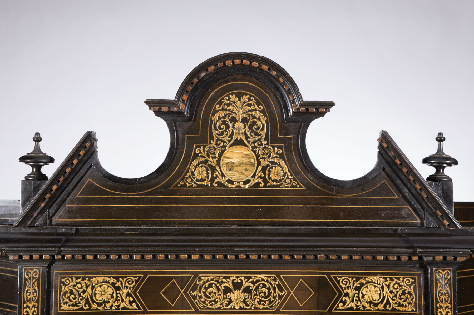 Italian Lombardy Inlaid Collector's Cabinet , late 19th c., broken pediment crest with central - Image 3 of 3