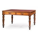 Antique Carved Mahogany Writing Table , inset red leather top with canted corners, frieze drawers,