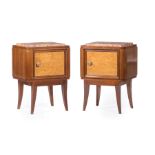 Pair of Art Deco Mahogany Cabinets , inset marble top, stepped rounded case, single burled maple