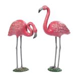 Pair of Cast Iron Garden Figures of Flamingos , naturalistic bases, taller h. 28 1/2 in., w. 8