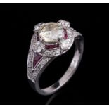 Platinum, Diamond and Ruby Ring , center prong set round brilliant cut diamond, wt. approx. 1.00