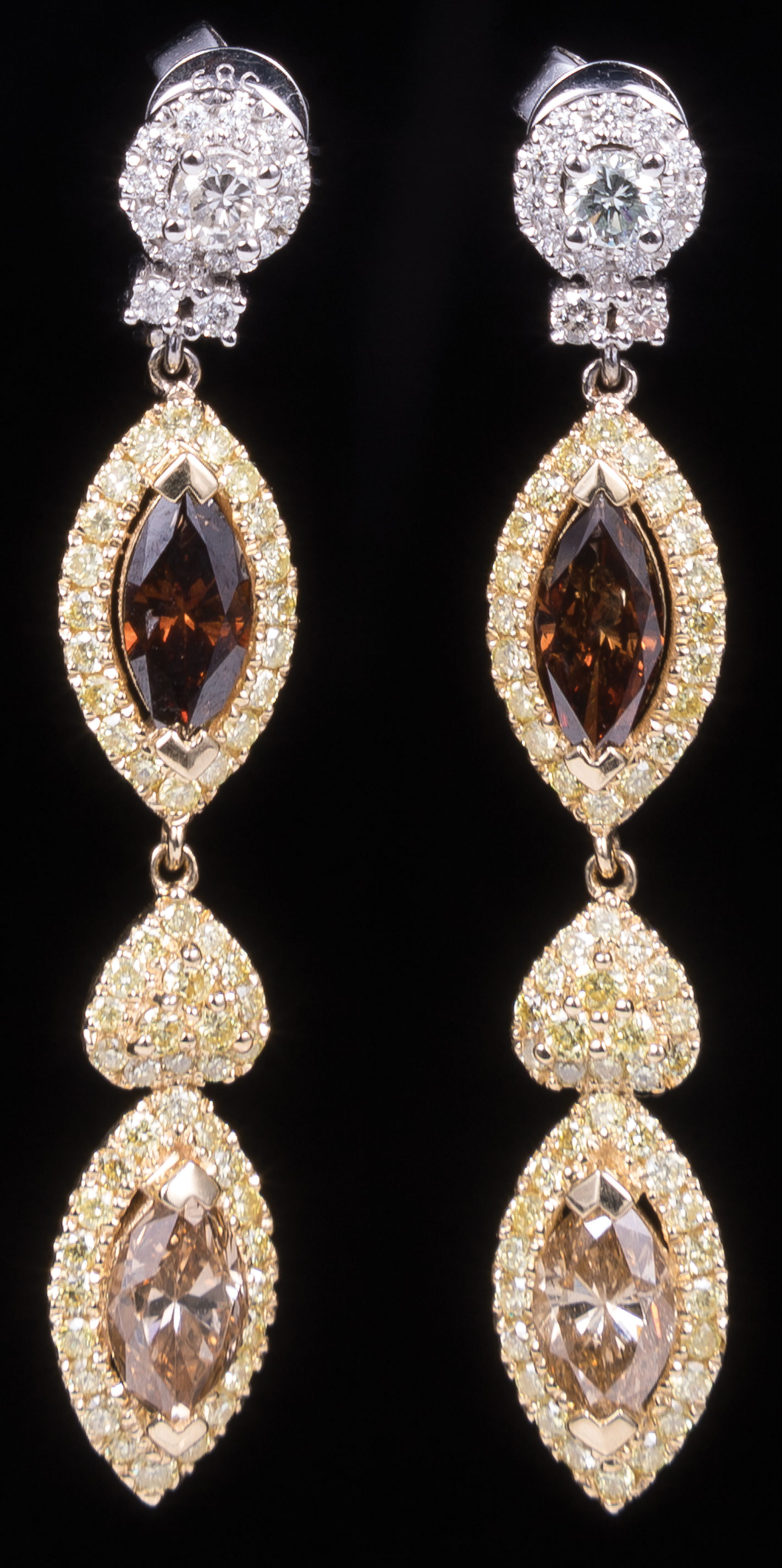 Pair of 14 kt. White and Yellow Gold, Brown Diamond, Yellow Diamond, and Colorless Diamond Dangle