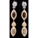 Pair of 14 kt. White and Yellow Gold, Brown Diamond, Yellow Diamond, and Colorless Diamond Dangle