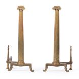 Large Pair of Continental Brass Andirons , Ionic form , h. 36 in., w. 14 in., d. 27 in
