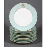 Ten Paris Porcelain Dinner Plates , mid-19th c., signed Boyer, robin's egg blue and gilt banded,