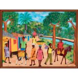 Haitian School, 20th c ., "Busy Street Scene with Two Mules", oil on masonite, illegibly signed