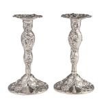 Pair of American Sterling Silver Repousse Vintage Motif Candlesticks , Mauser, NY, act. 1892-1913,