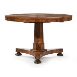Late Regency Kingwood Tilt-Top Center Table , 19th c., reverse tapered stepped hexagonal standard,