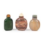 Three Chinese Snuff Bottles , incl. green jade, h. 2 3/8 in.; puddingstone, h. 2 1/2 in.; and