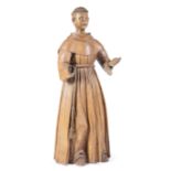 Carved Wood Figure "St. Francis of Assisi" , 19th c., unsigned, h. 29 1/4 in., w. 11 in., d. 8 in
