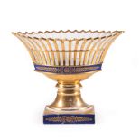 Paris Gilt and Bleu de Roi Porcelain Navette-Form Corbeille , 19th c., oval reticulated basket,