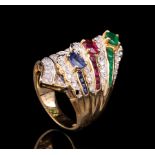 18 kt. Yellow Gold, Ruby, Sapphire, Emerald and Diamond Cocktail Ring , set with 1 oval emerald, 7