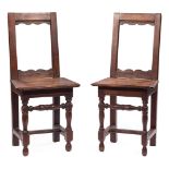 Pair of French Child's Fruitwood Chairs , 18th c., pegged construction, square backs, plank seat,
