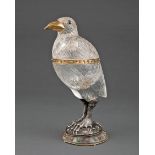 Yellow Gold, Silver and Gemset Carved Rock Crystal Bird-Form Cup and Cover , 20th c., in the style