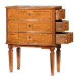 Italian Neoclassical Parquetry Petite Commode , 18th c., molded top, front with three false drawers,