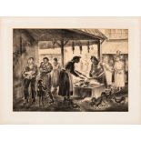 Puerto Rican School, 20th c ., "Island Market", lithograph on paper, initialed "RL" in plate,