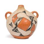 Acoma Polychrome Pottery Vessel , 20th c., loop handles, zoomorphic design, h. 7 in., dia. 6 in