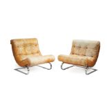 Pair of Mid-Century Modern Chrome and Leather Cantilever Lounge Chairs , tufted upholstery,