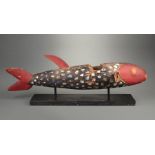 Indonesian Ceramic Shard-Inset, Carved and Painted Wood Fish , h. 11 1/2 in., l. 45 1/2 in., w. 16