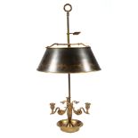 French Brass and Tole Bouillot Lamp , swan candle holders, fitted with a two-light fixture, h. 28