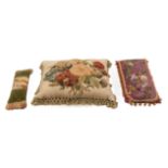 Group of Three Decorative Pillows incorporating Elements , incl. Victorian beadwork on mulberry
