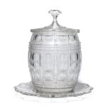 English Handblown Barrel-Form Punch Bowl , 19th c., clear and frosted body, reeded banding,