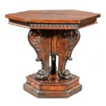 Italian Renaissance Carved Oak Table , late 18th/early 19th c., hexagonal top, conforming frieze,