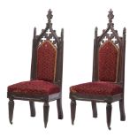 Pair of American Gothic Carved Mahogany Parlor Chairs , c. 1840, attr. Thomas Brooks, finialed