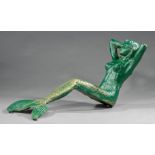 Painted Cast Iron Garden Figure of a Reclining Mermaid , h. 17 in., l. 38 in., d. 13 in