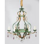 French Iron and Tole Peinte Six-Light Chandelier , early 20th c., green ground, gilt accents,