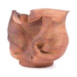 George Ohr Art Pottery Bisque Vessel , ruffled rim with crimped body, red and beige marbleized
