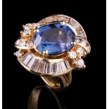 14 kt. Yellow Gold, Sapphire and Diamond Ring , set with oval faceted natural blue sapphire, approx.