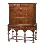 Georgian Burl Walnut Chest on Stand , superstructure with molded flat top, two short drawers over