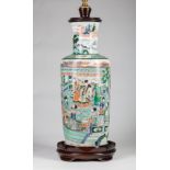 Chinese Famille Verte Porcelain Rouleau Vase, Qing Dynasty (1644-1911), painted with a continuous