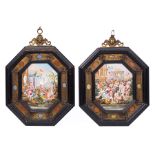 Pair of Capodimonte Porcelain Plaques , c. 1900, classical scenes, the octagonal ebonized frames