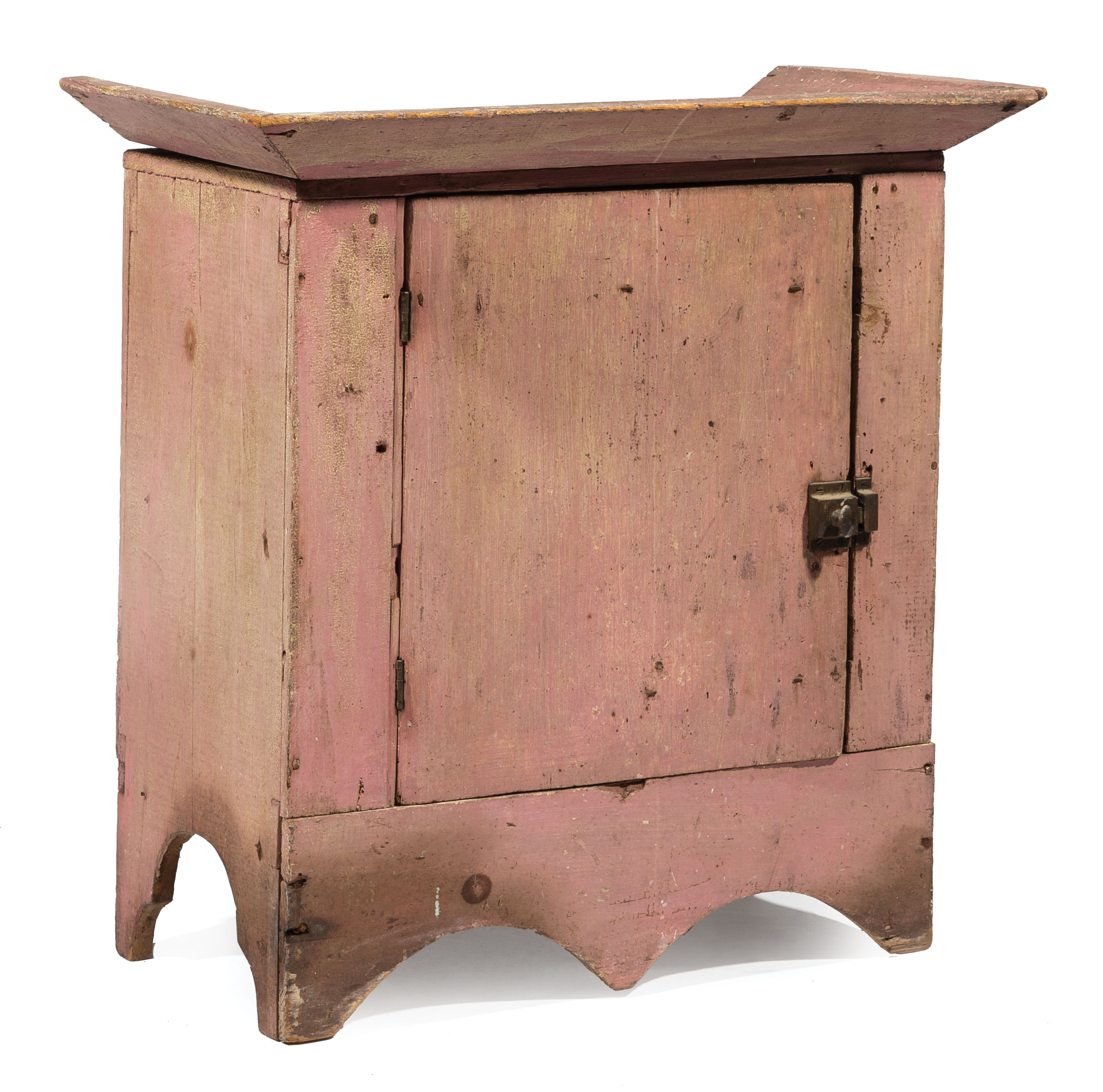 Small Continental Painted Cabinet , 19th c., flared cornice, single door, shaped apron, old paint