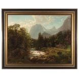 Continental School, 19th c ., "Mountainous Landscape with Stream and Chalet", oil on canvas,