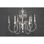 Pair of French Painted Metal and Wood Six-Light Chandeliers , 20th c., scroll arms, h. 26 in.,