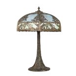 American Slag Glass and Bronzed Metal Scenic Overlay Table Lamp , early 20th c., probably H.E.