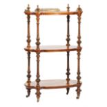 English Bronze-Mounted Burl Walnut Three Tier Etagere , 19th c., brass galleried top, spiral