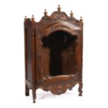Antique French Provincial Miniature Fruitwood Bonnetiere , serpentine crest with finials and musical