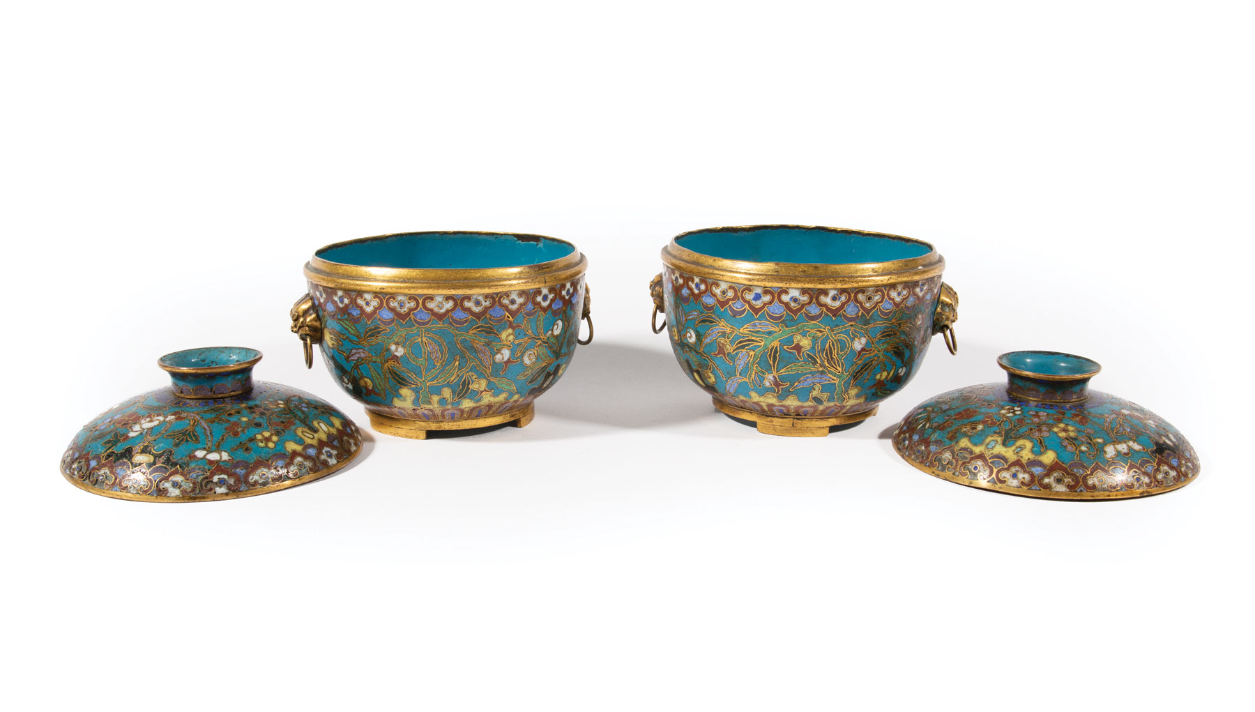 Pair of Chinese Cloisonné Enamel Covered Bowls , Qing Dynasty (1644-1911), bowls with mask ring - Image 2 of 2