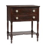 Federal Mahogany Server , early 19th c., two drawers with Sandwich glass pulls, ring turned legs,