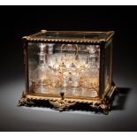 Antique French Gilt Bronze Cave a Liqueuer , glazed case with beveled panes, hinged lid and front,
