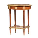 Louis XVI-Style Bronze-Mounted Side Table , inset marble top, fluted tapering supports, galleried