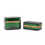 Two French Brass-Mounted Green Glass Dresser Boxes , c. 1900, both with chamfered corners and hinged