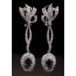 Pair of 14 kt. White Gold, Faceted Blue Sapphire and Single Cut Diamond Earrings **Please note: