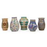 Five English Art Deco Pottery Vases , c. 1930, incl. three by Charlotte Rhead for Crown Ducal and